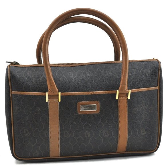 Auth Christian Dior Honeycomb Hand Tote Bag PVC Leather Black Brown - Picture 1 of 12